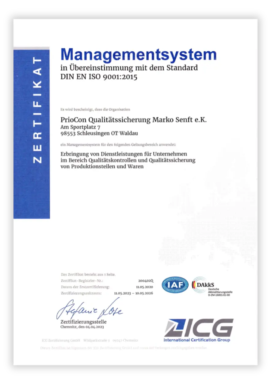 PrioCon Zertifikat DIN ISO 9001:2015