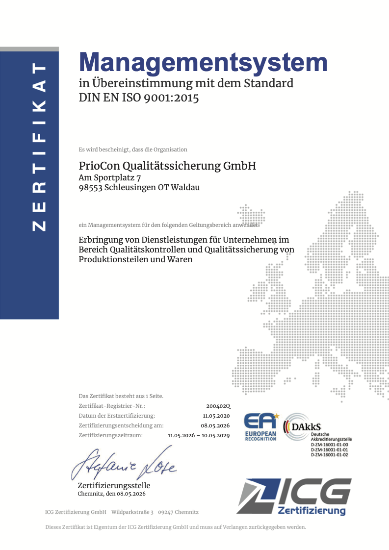 PrioCon Zertifikat DIN ISO 9001:2015